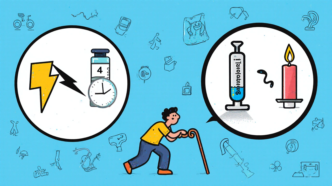 A visual comparison of corticosteroid and hyaluronic acid injections, showing duration differences through icons and symbols.
