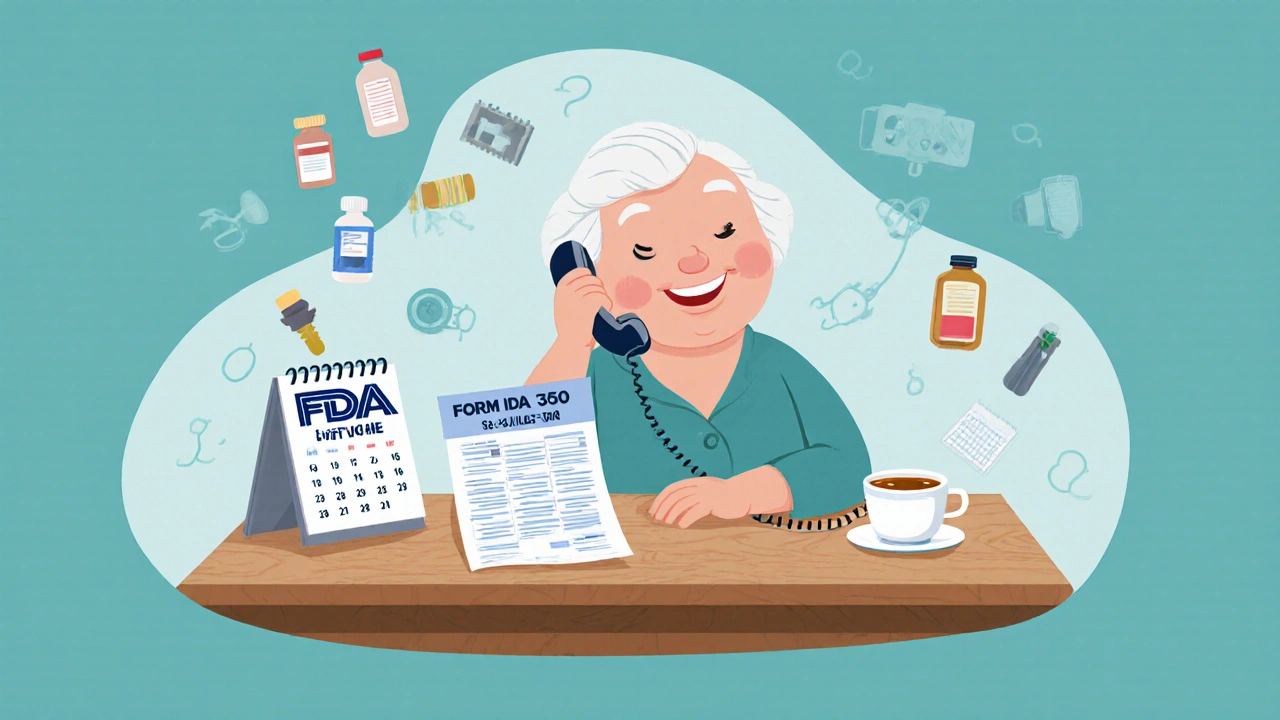 An elderly woman calling the FDA hotline, with a printed report form and tea on the table.