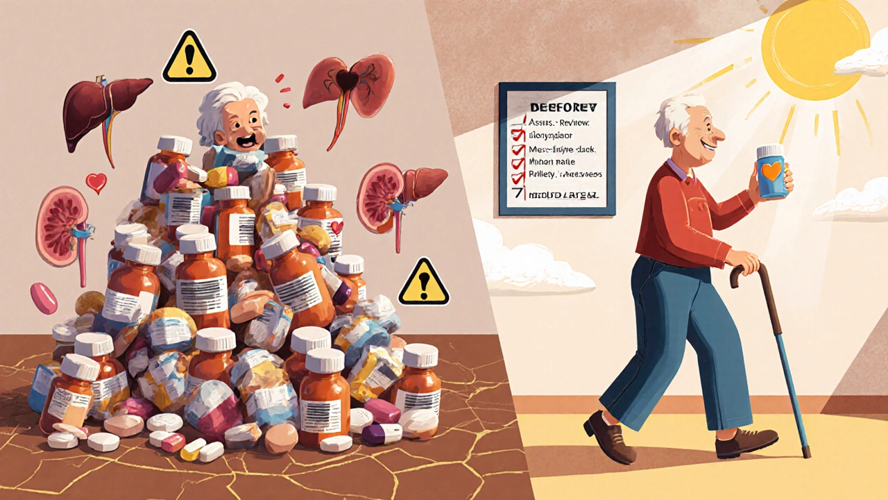 Before-and-after scene: overwhelmed by pills vs. calm with fewer meds and sunlight.