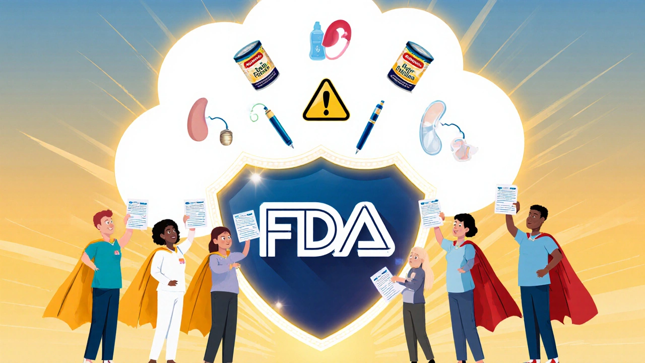 Diverse patients holding report forms like capes, sending safety alerts toward a glowing FDA shield.