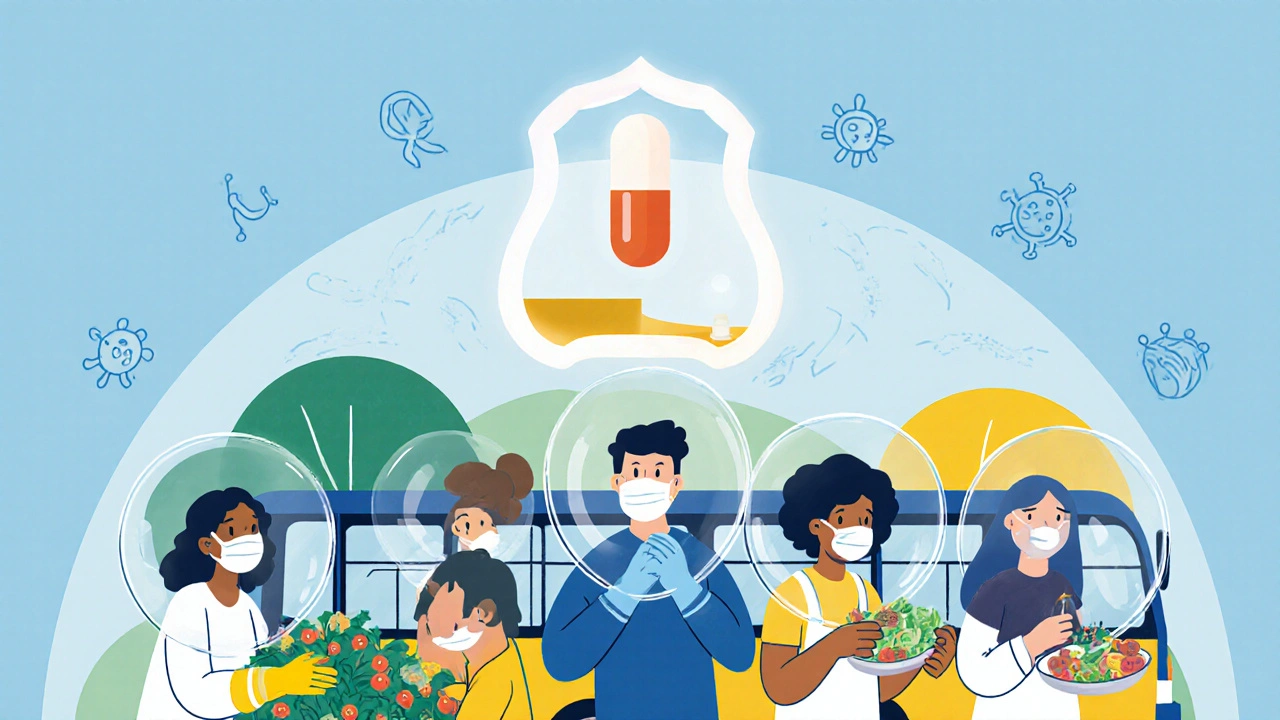 Diverse people protected by immunity shields while practicing safety habits in daily life.