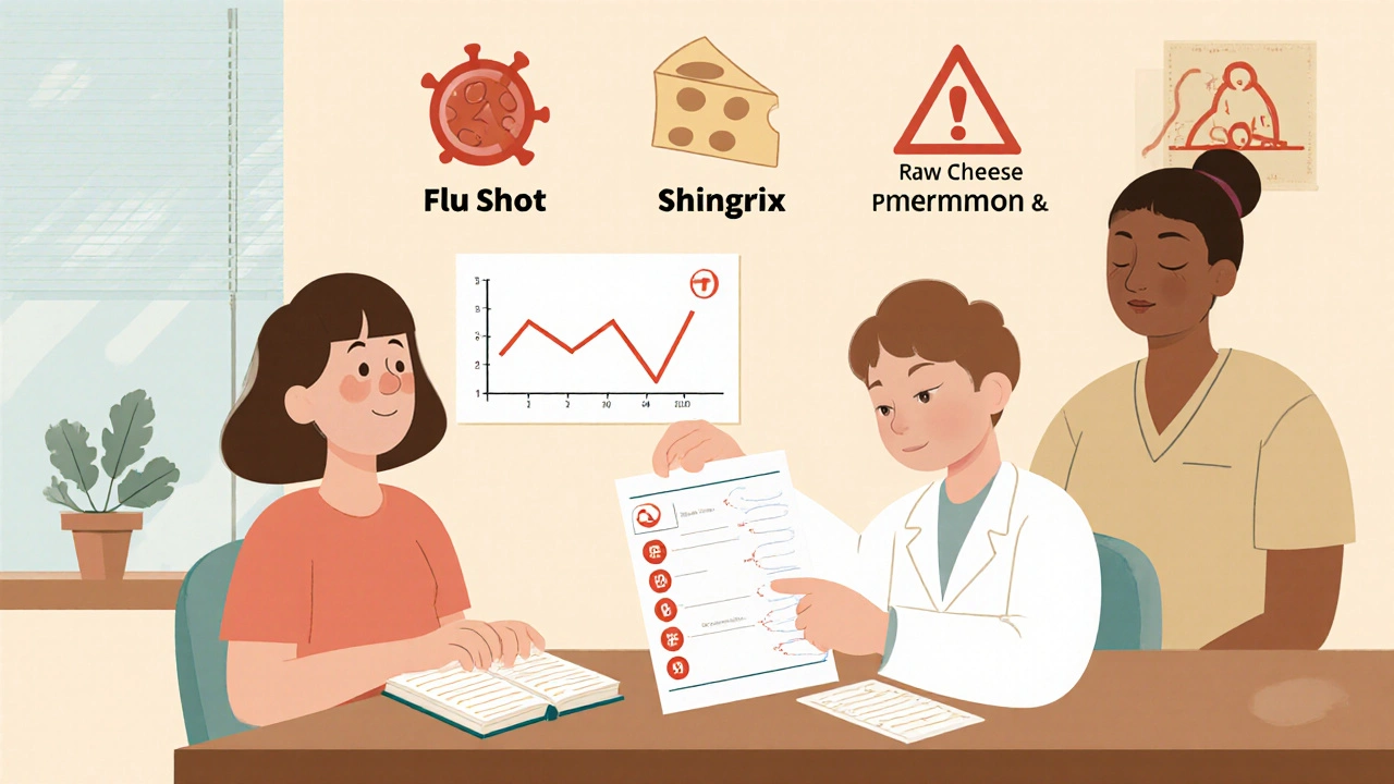 Doctor and patient reviewing a blood test report with vaccination icons on the wall.