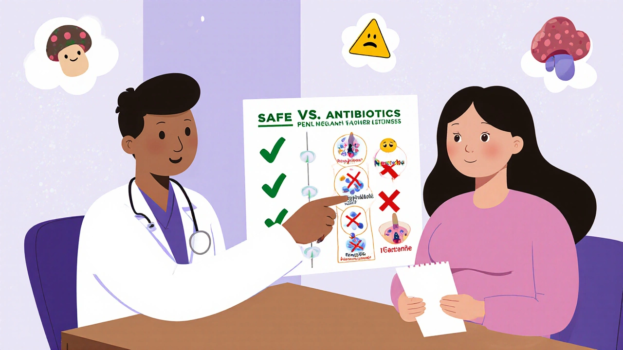 Doctor and pregnant patient reviewing safe vs. unsafe antibiotics on a colorful chart.