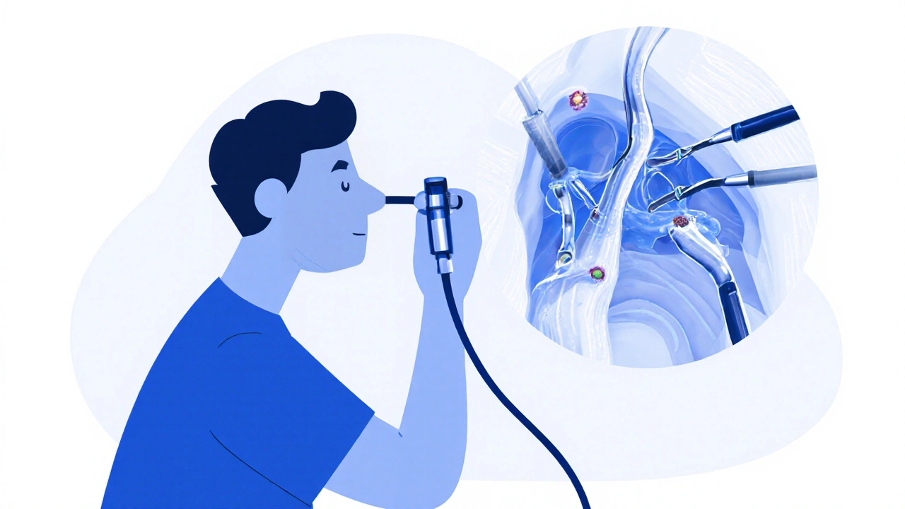 Doctor performing endoscopic sinus surgery with transparent sinus anatomy visible.