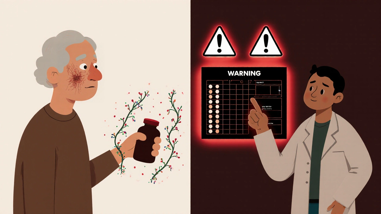 Elderly person with spreading rash on one side, doctor pointing to black box warning on the other, medical context.