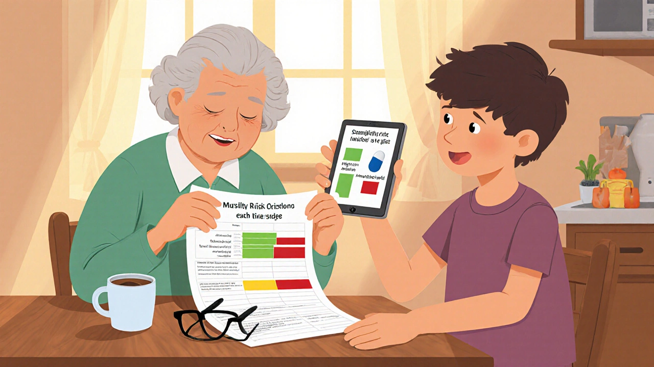 Elderly woman and grandson using a large-print decision aid at home, with a visual risk chart and coffee mug on the table.
