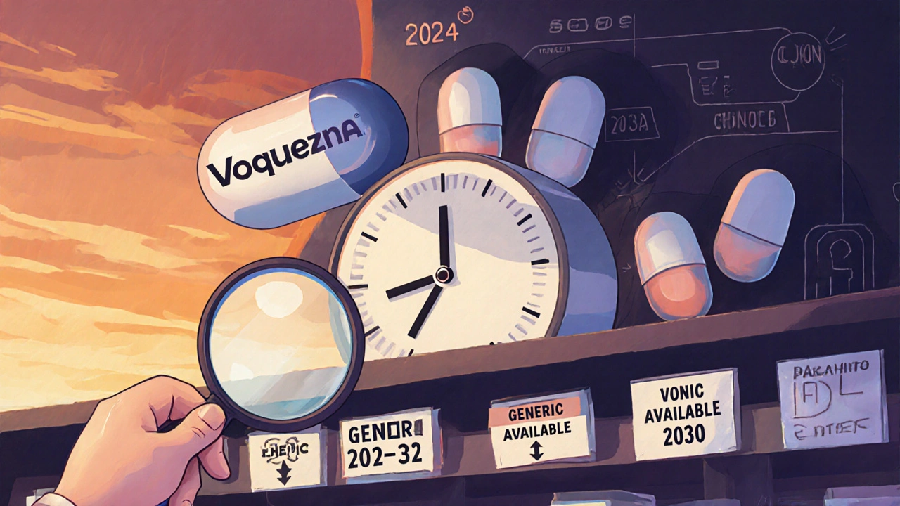 Futuristic Voquezna pill with a patent clock counting down to 2030 while generics wait nearby.