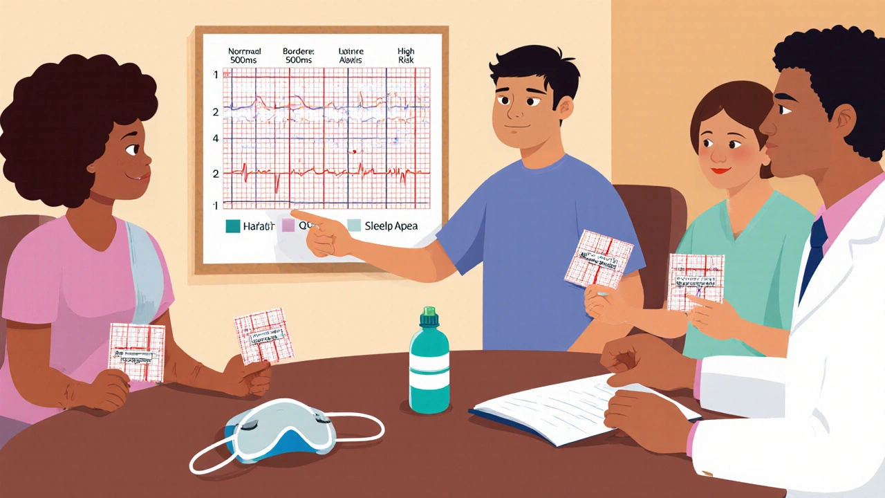 Group of patients with ECG strips and a chart showing QT risk categories.