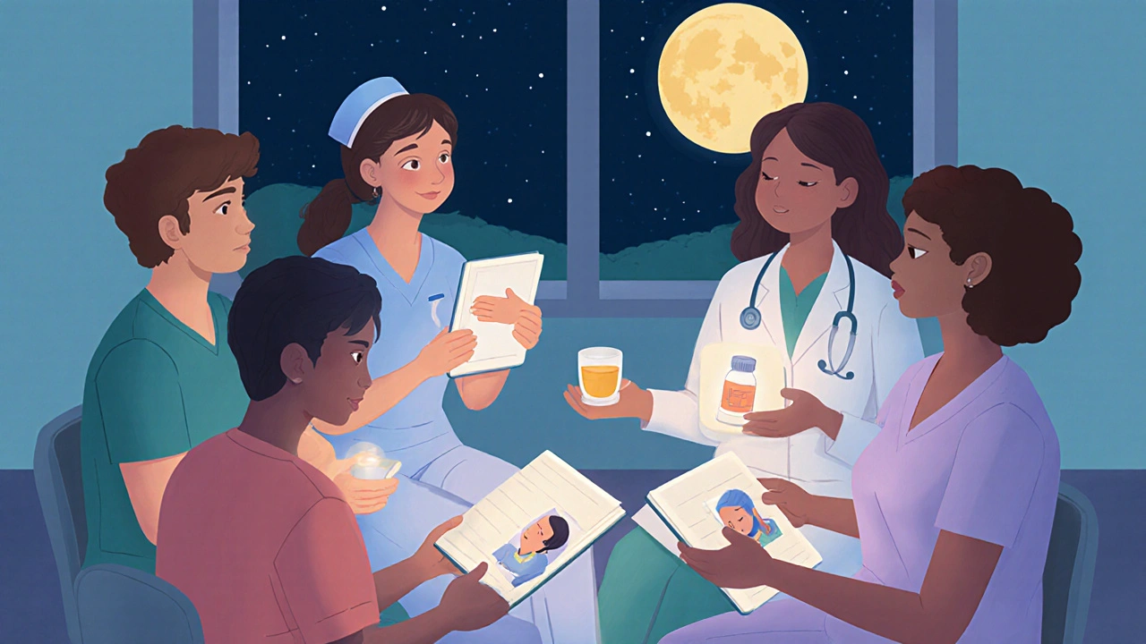 Healthcare workers sit in a circle, holding glowing journals as soft light connects them in a quiet reflective moment.