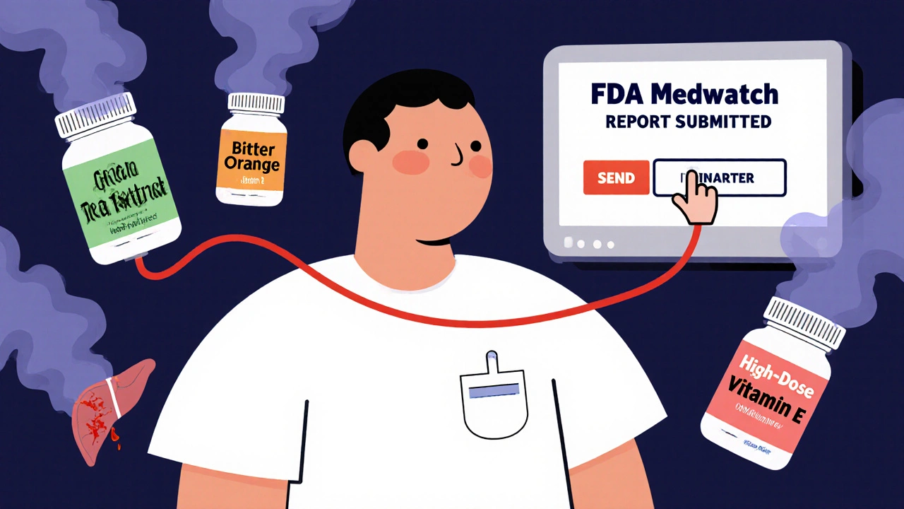 Hospital patient surrounded by dangerous supplement bottles causing harmful effects in the air.