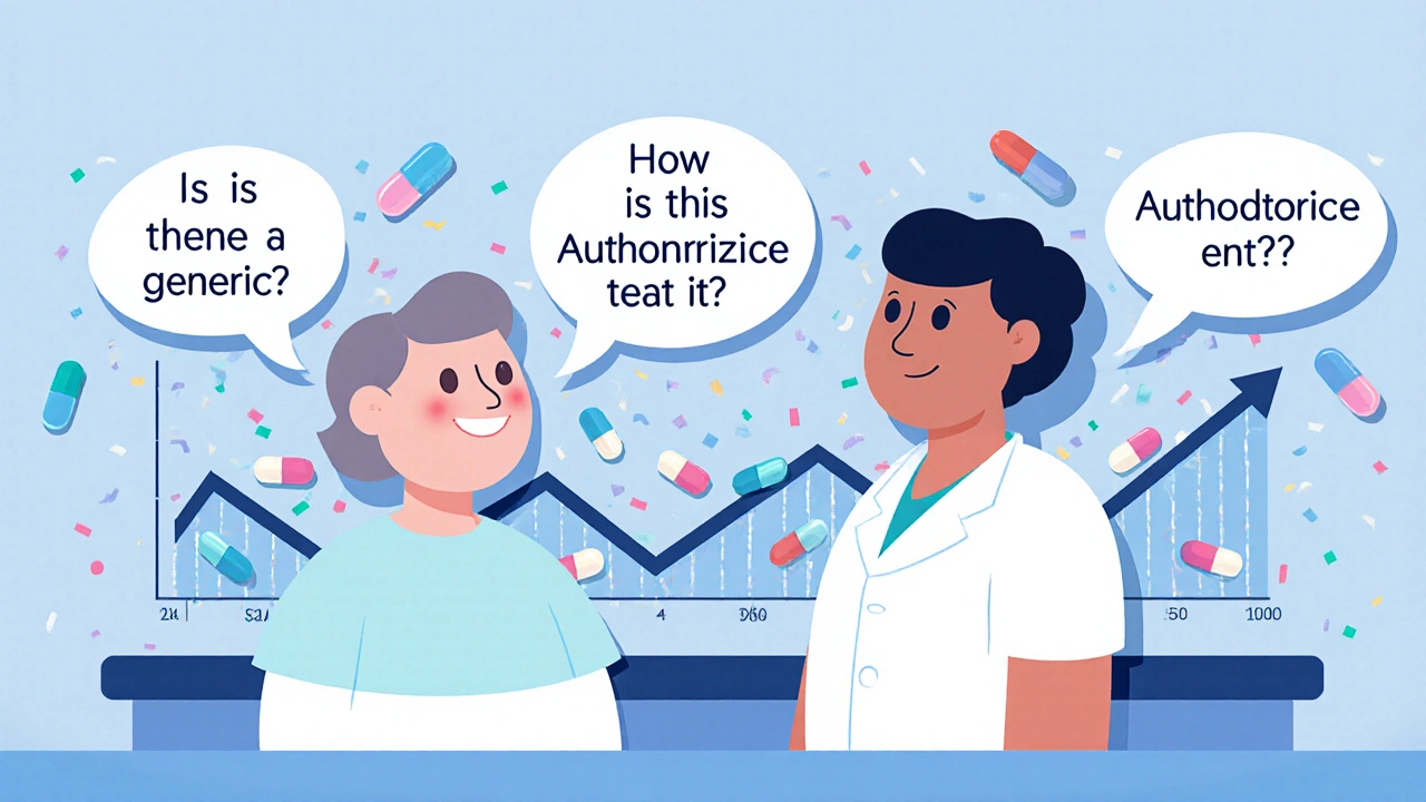 Patient asking pharmacist three key questions about generic medications