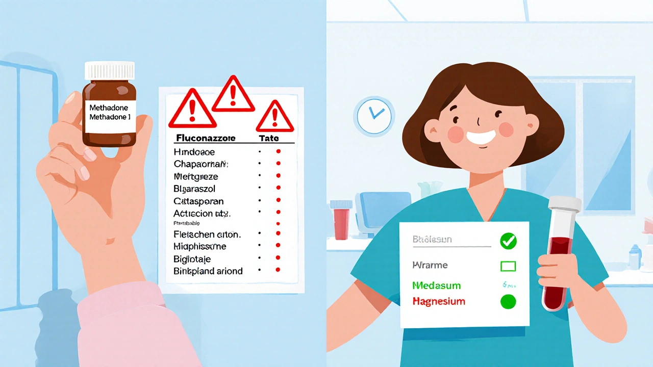 Patient comparing methadone with risky medications and safe blood levels.