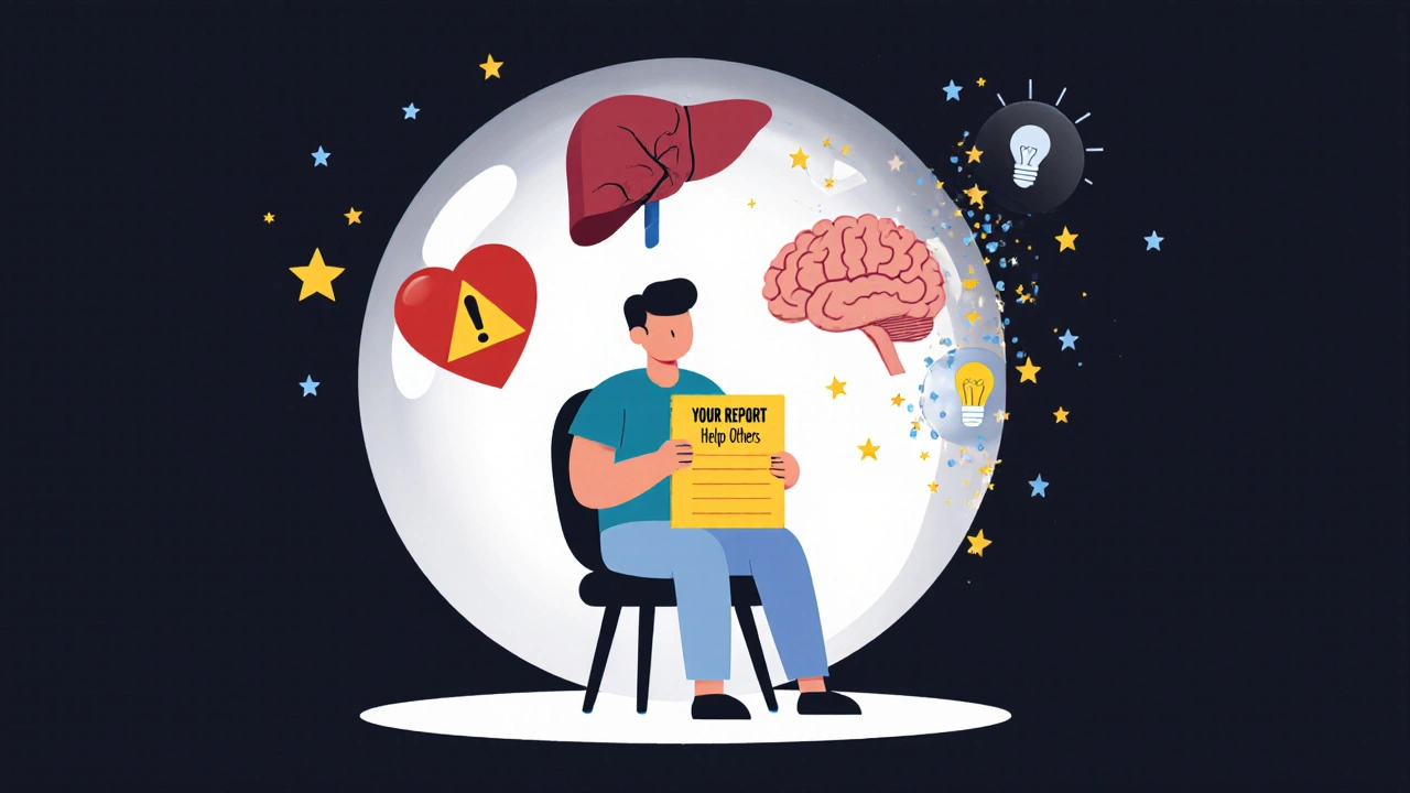 Patient holding yellow reporting card with medical warning icons above, symbolizing how reporting side effects helps others.