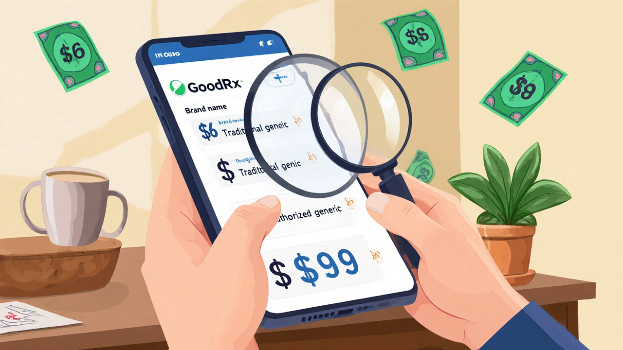 Person checking drug prices on phone with GoodRx showing lower costs for generics