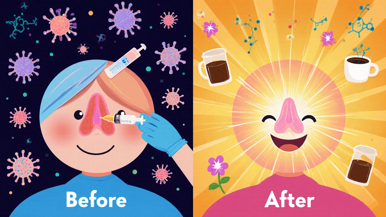 Person receiving biologic injection as sinuses clear and scent molecules rise.