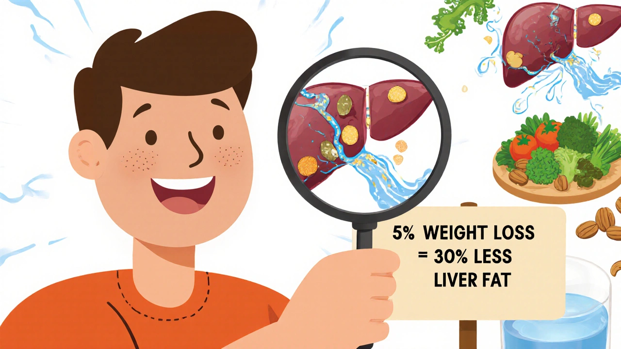 Person using a magnifying glass to see liver fat shrinking as healthy foods flow in, with meal plan in background.