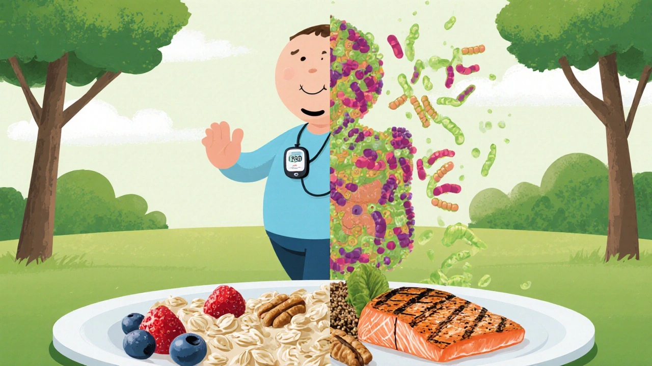 Person walking happily with a side-by-side gut microbiome comparison and Mediterranean meal on plate.