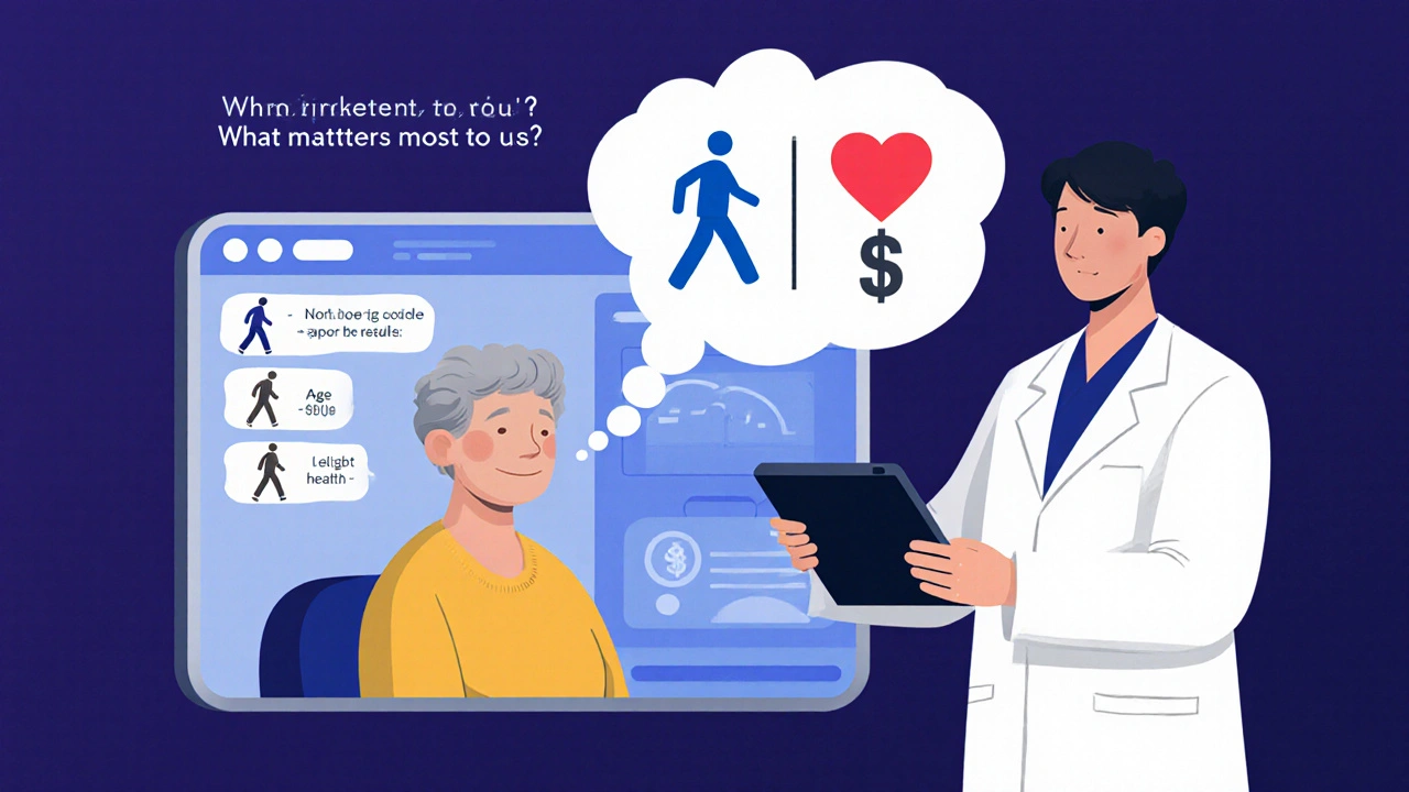 Personalized digital decision aid on a screen showing patient&#039;s health data and thought bubble with personal priorities.