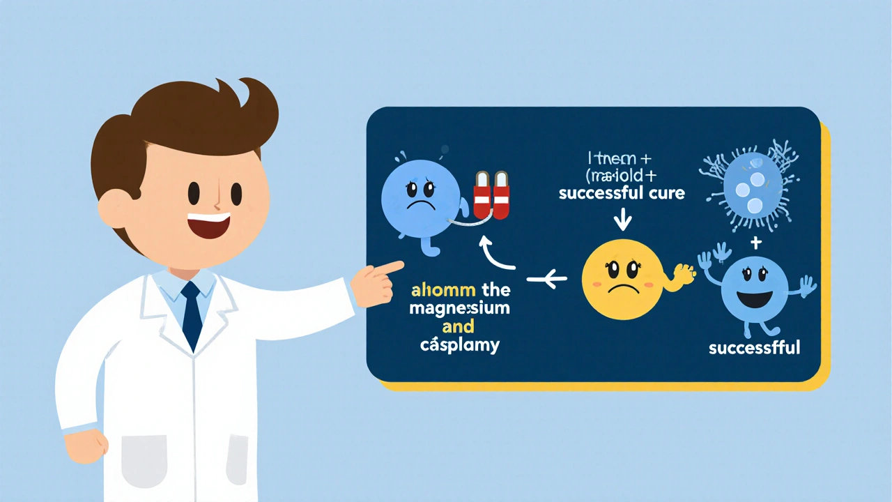 Pharmacist explaining safe vs. unsafe drug combinations with a flowchart.