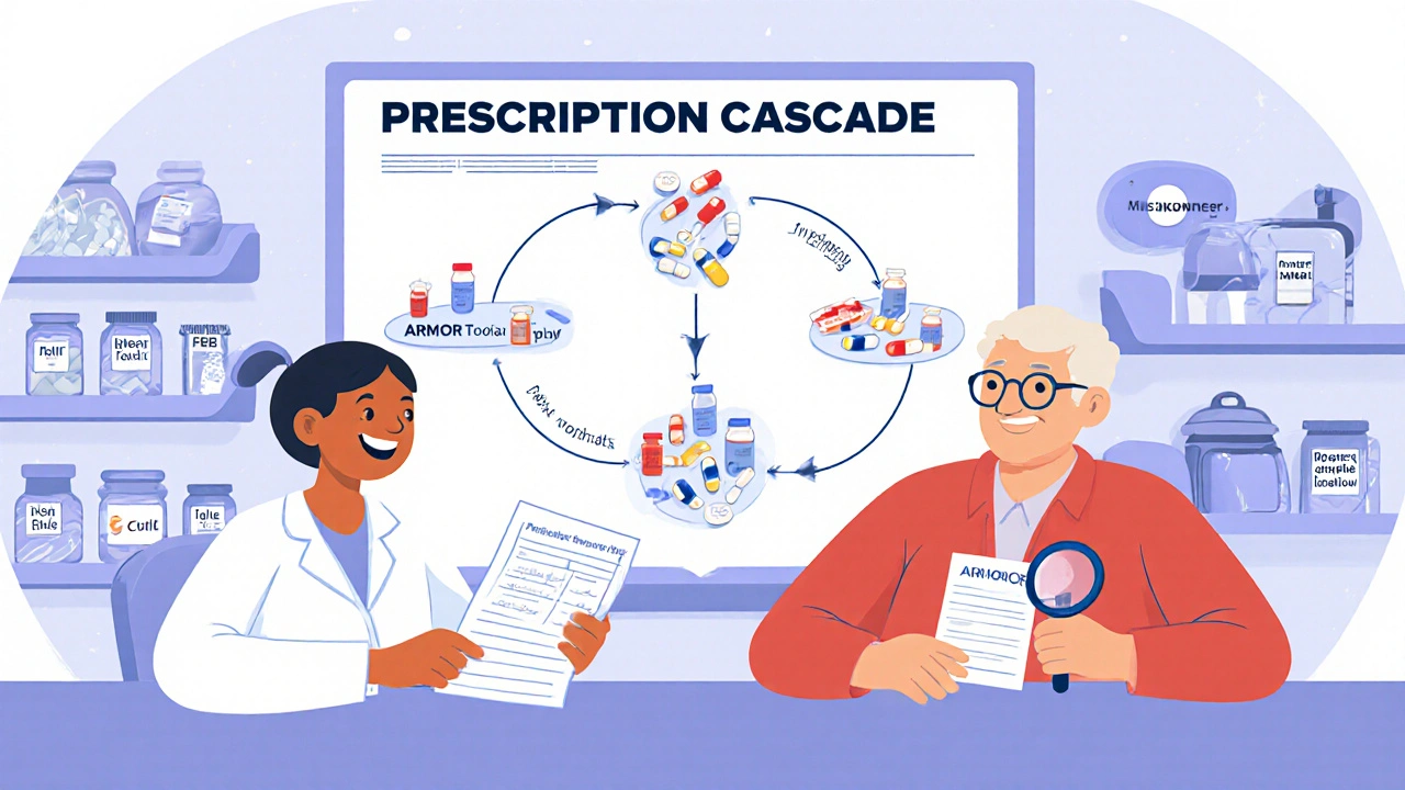 Pharmacist giving a medication review to an older man with a visual cascade chart.