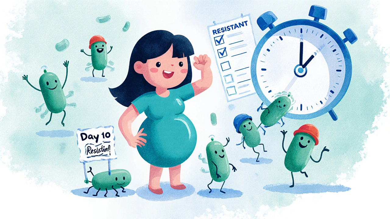 Pregnant woman finishing antibiotics as good bacteria cheer and resistant bacteria flee.
