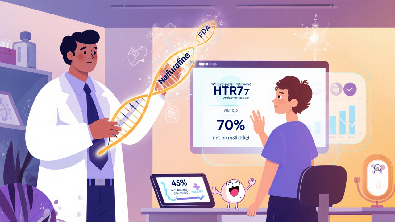 Scientist showing gene research for new anti-itch opioid treatments in a futuristic medical lab.