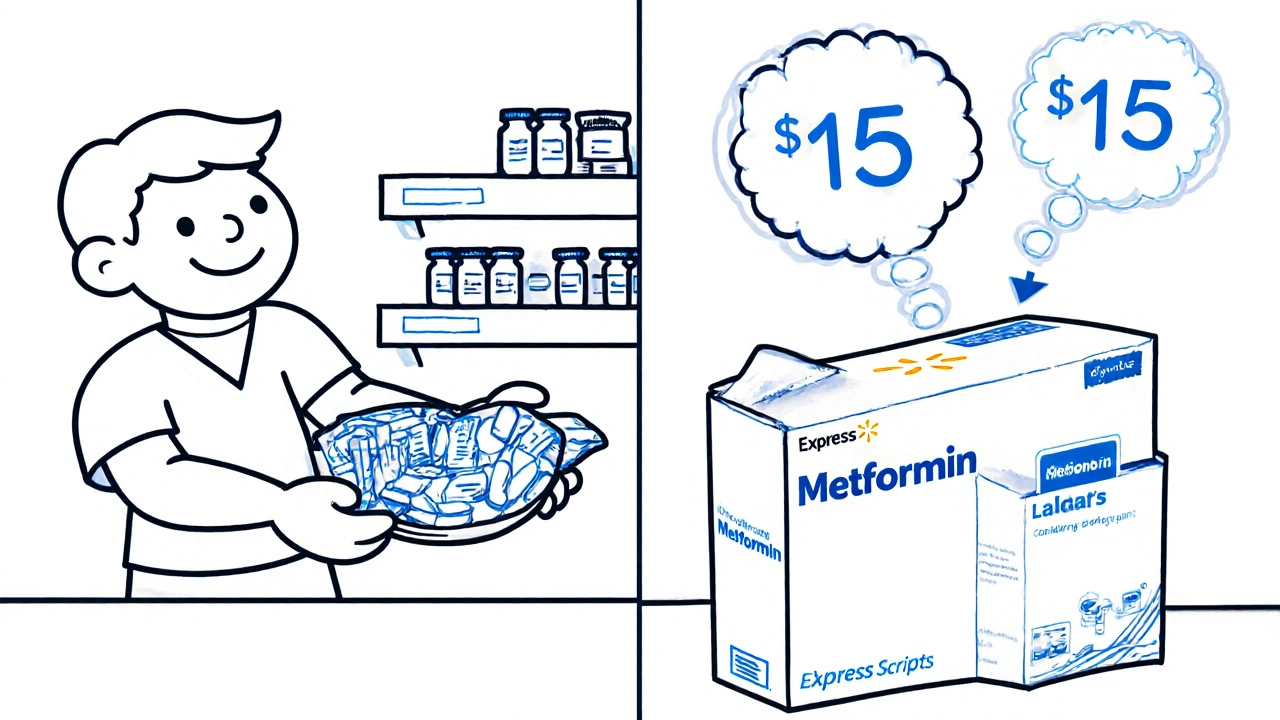 Side-by-side comparison of  local pharmacy vs.  mail-order prescription prices.