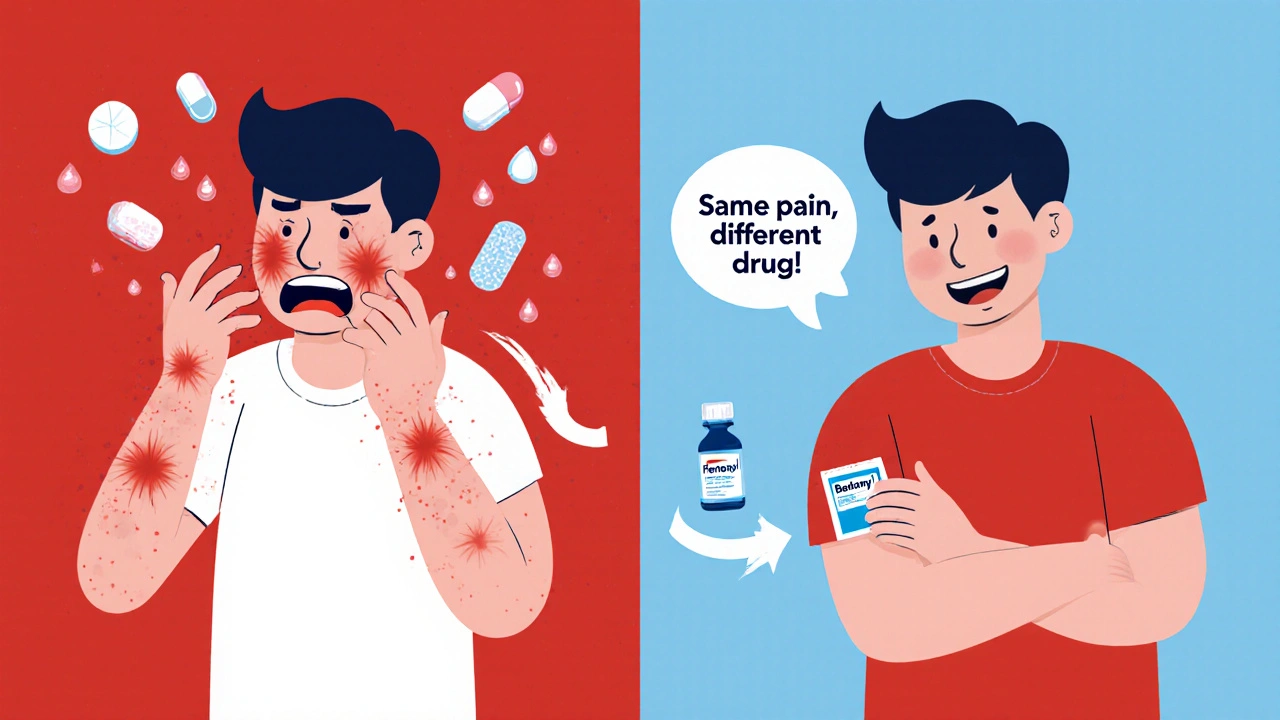 Side-by-side comparison: person itchy from morphine vs. calm with fentanyl patch and antihistamine.