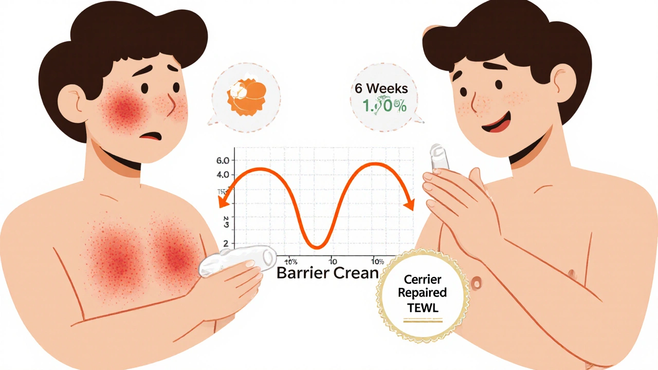 Side-by-side of a person before and after ceramide treatment, showing reduced eczema symptoms.