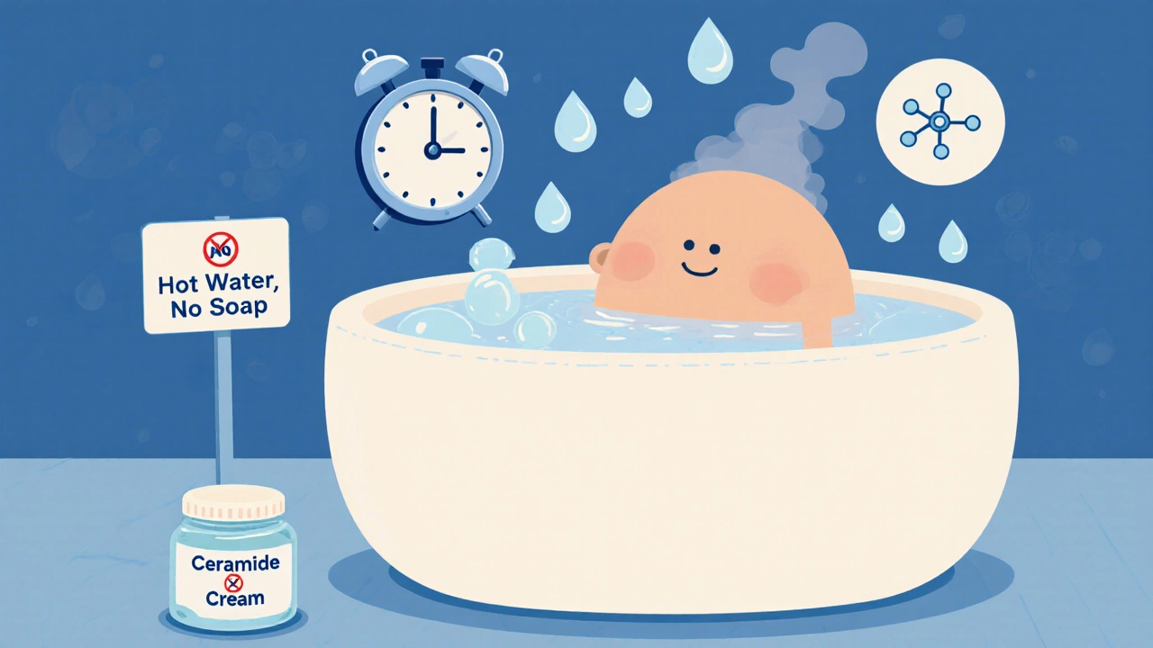 Someone soaking in a lukewarm bath with water droplets and lipid molecules floating around.