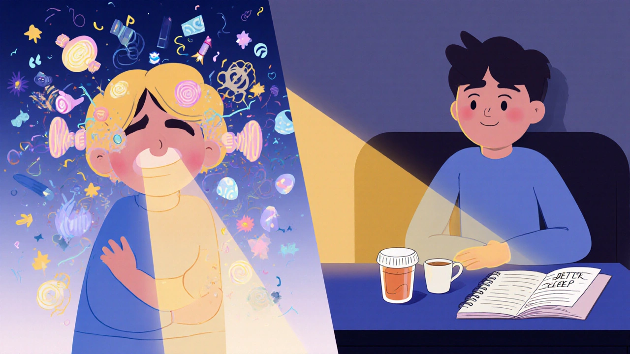 Split scene showing a person transitioning from sensory overload to calm, with a pill bottle and journal on a table beside a cup of tea.