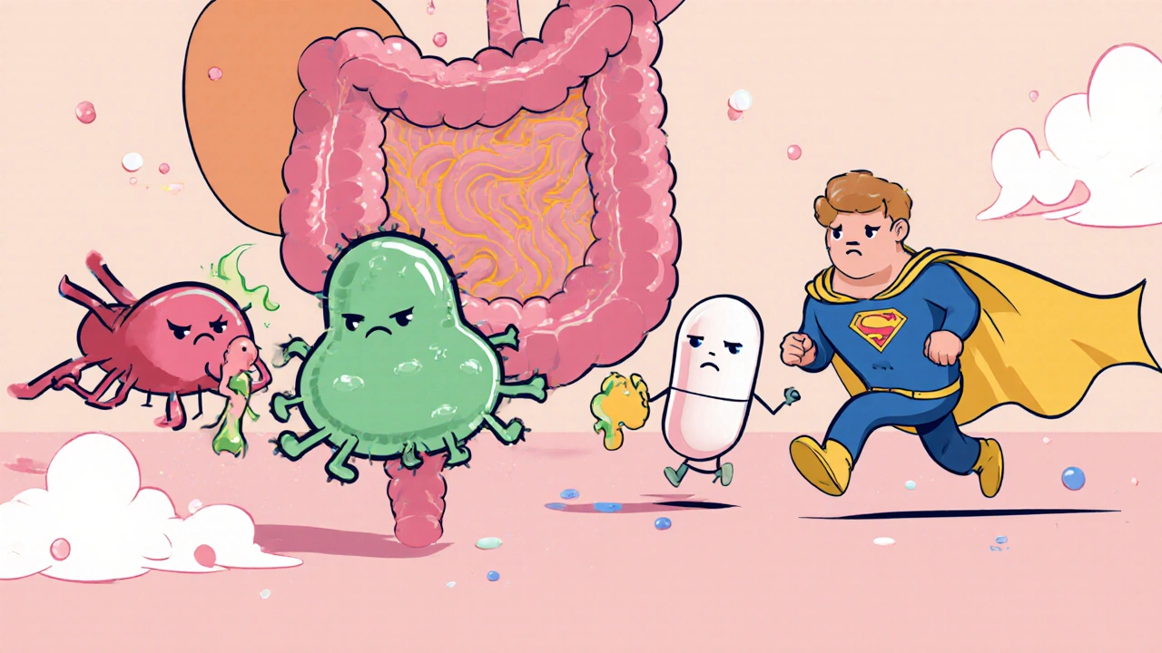 Three superhero pills chasing bacteria through a cartoon stomach with acid clouds.