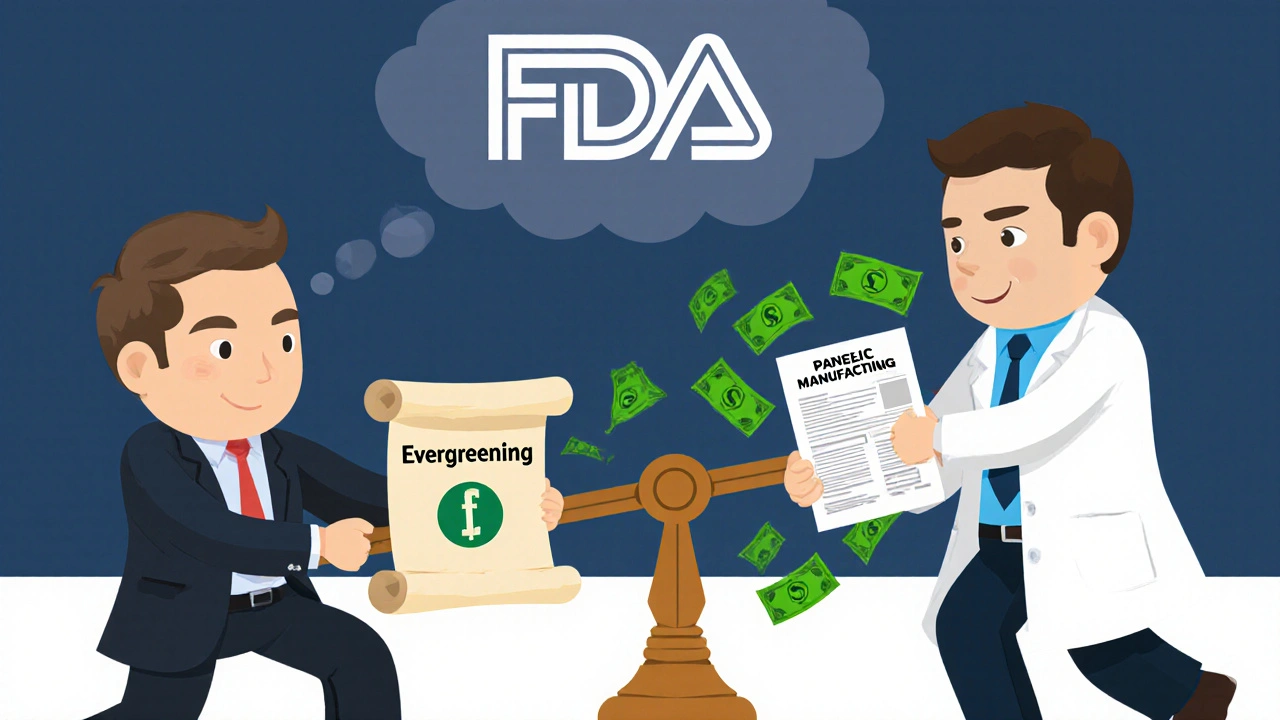 Tug-of-war between pharma company and generic maker over drug patents, with savings scale tipping