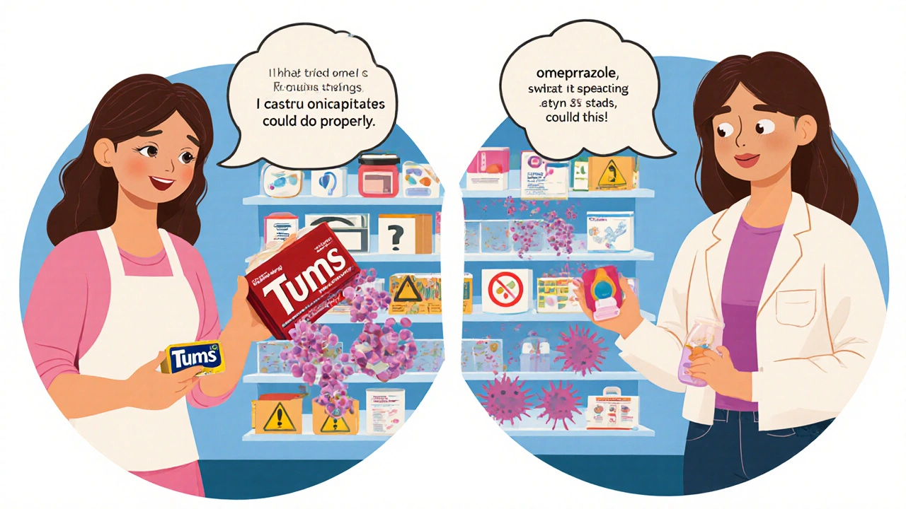 Woman switching from antacids to safer acid reducers during antibiotic treatment.