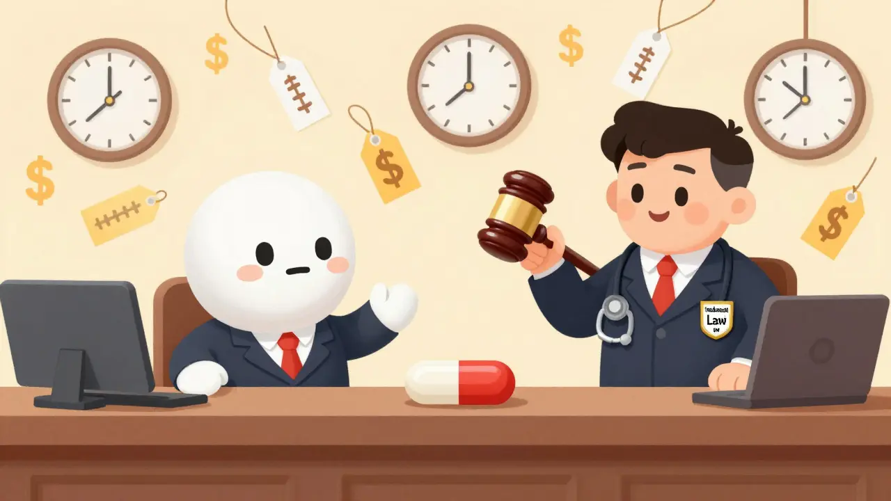 A cartoon courtroom where a brand-name pill argues with a generic pill, judged by an FDA stethoscope-wearing figure.