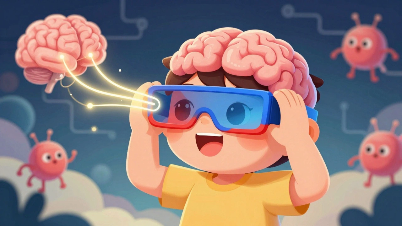 A child playing a colorful 3D game with special glasses, visual pathways glowing to the brain.
