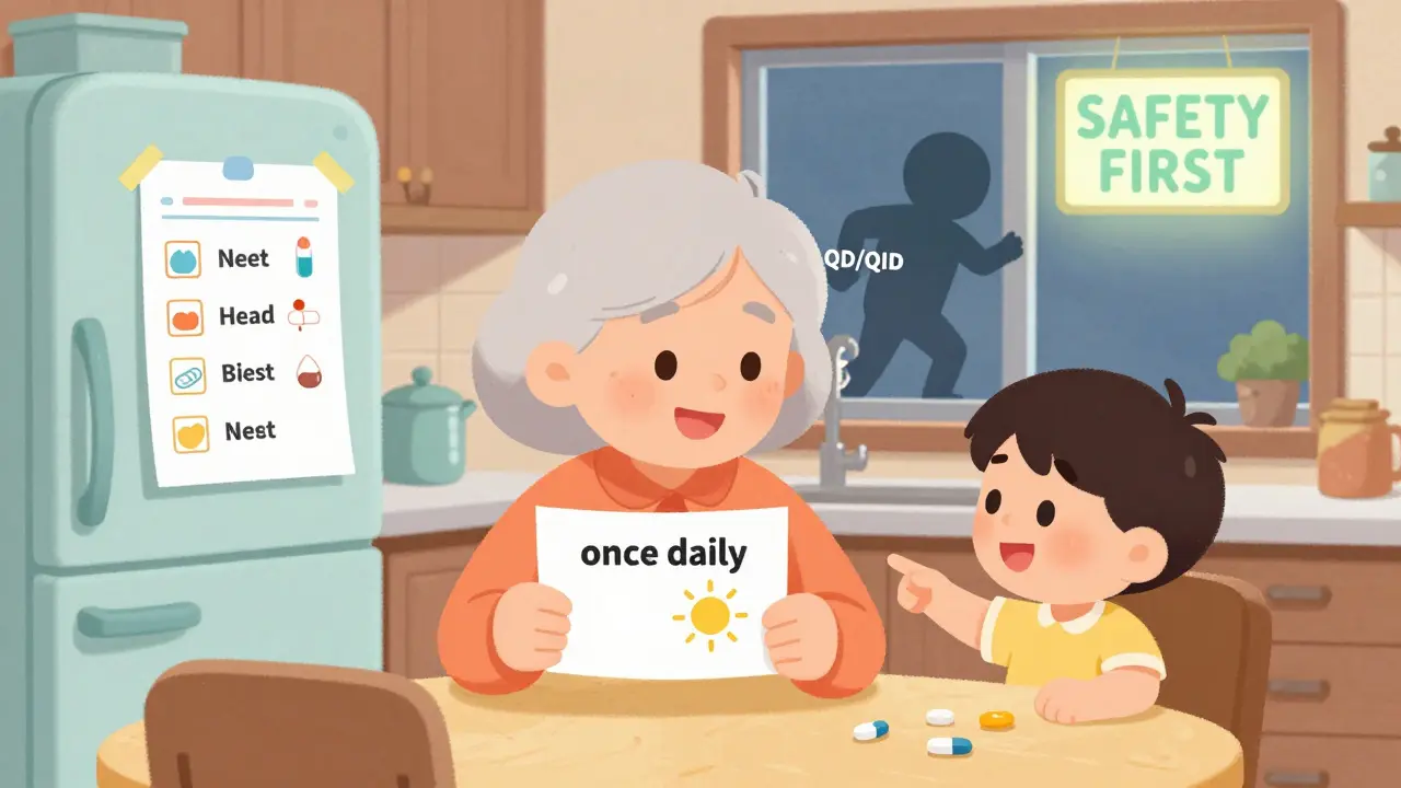 A grandmother and grandson understand medication instructions with clear icons and plain language.