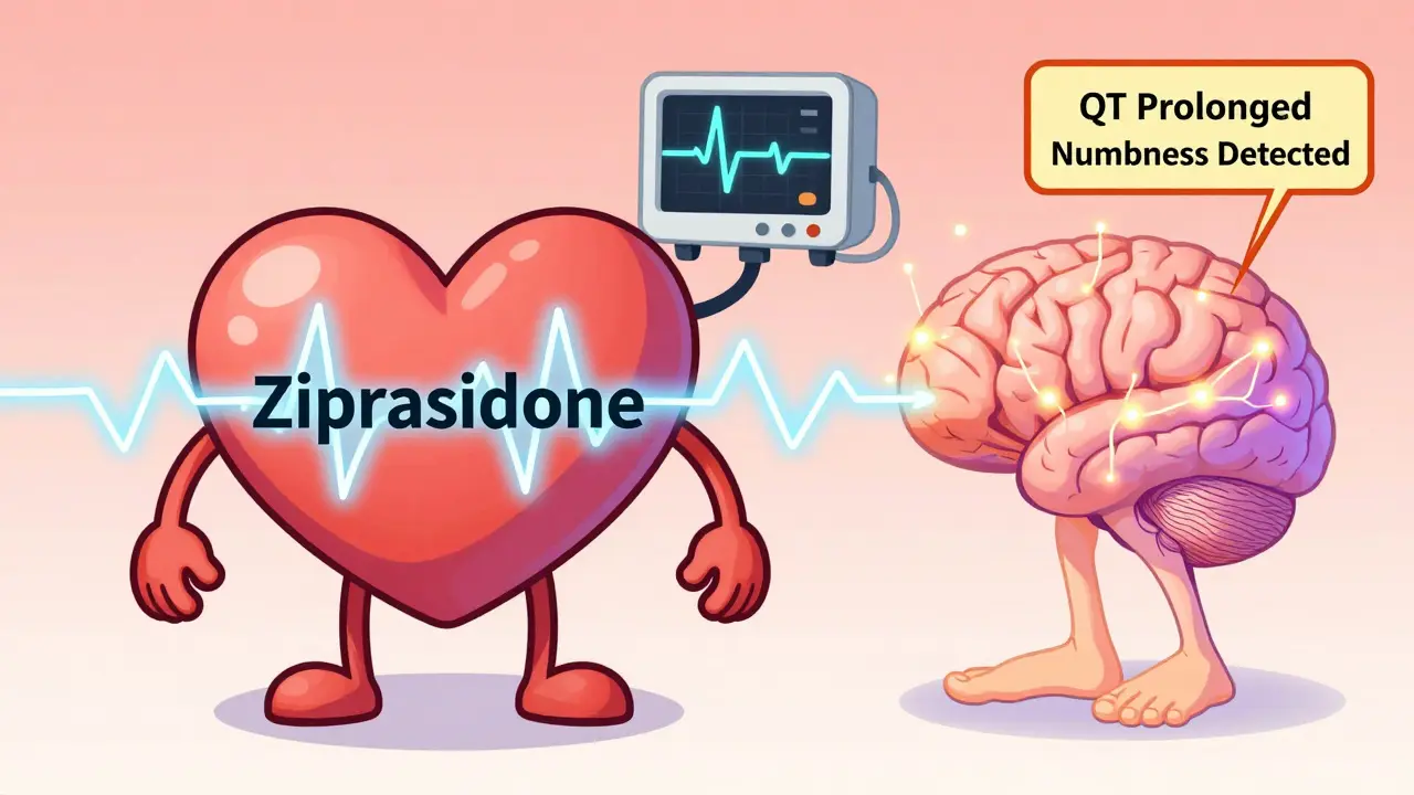 A heart with irregular rhythms and a brain showing nerve numbness from medication side effects.