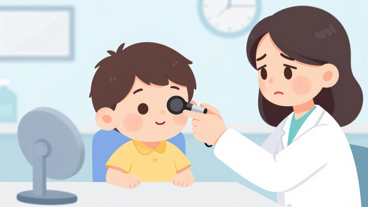 A pediatrician examining a toddler&#039;s eye while the child looks curious and the mother watches.