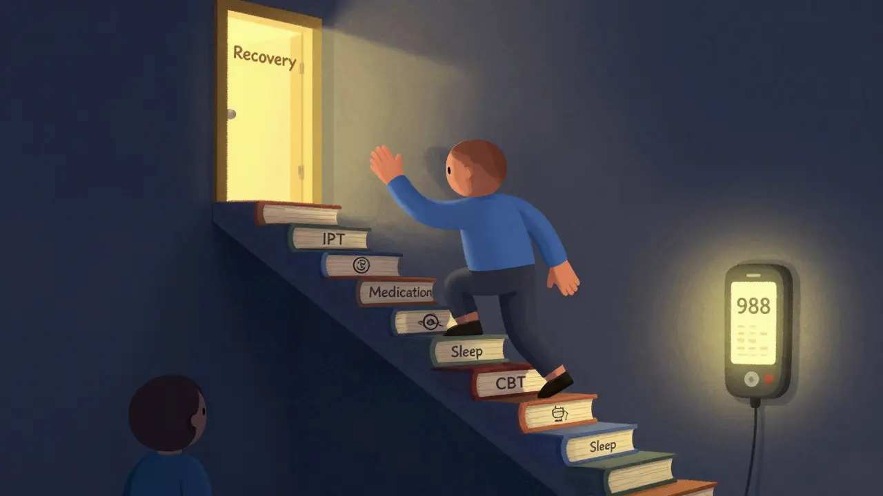 A person climbing a staircase of recovery tools, hands offering support, glowing door at top, phone with 988 visible below.