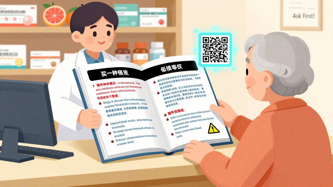 A pharmacist explains a medication guide with color-coded warnings and a glowing QR code to an elderly patient.