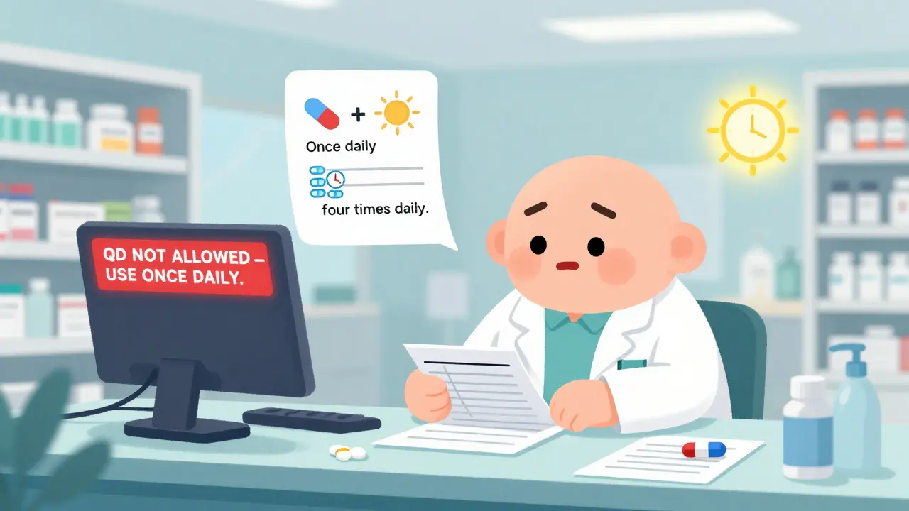 A pharmacist sees an EHR warning about dangerous abbreviations while icons show safe dosing alternatives.