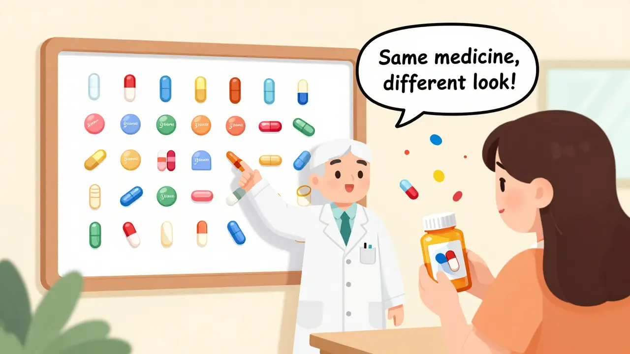 A pharmacist shows a wall chart of colorful pills with the same active ingredient, while a patient examines a photo-labeled bottle.