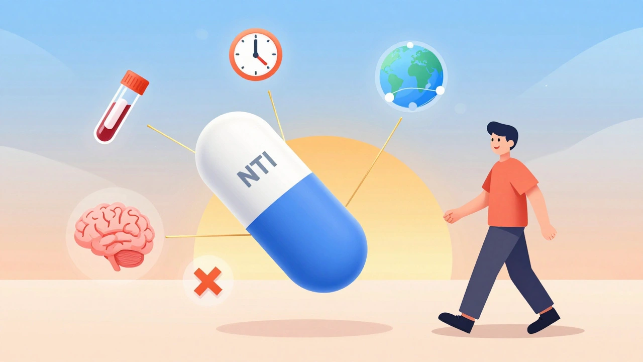 A single NTI tablet surrounded by symbols of testing, global collaboration, and patient safety.