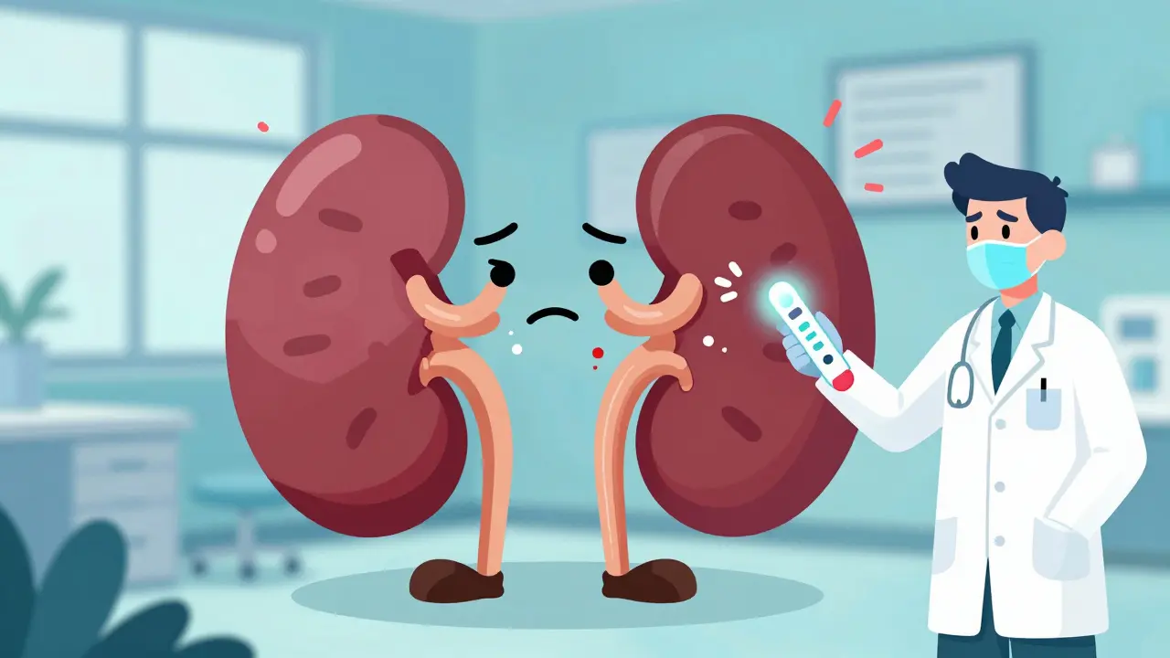 A stressed kidney with drug particles causing swelling, monitored by a glowing test strip.