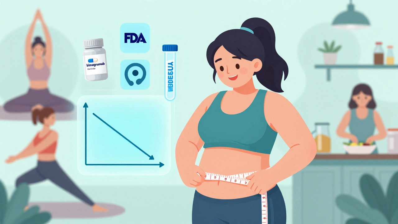 A woman measuring her waist as muscle increases and fat decreases, with science-backed health icons floating nearby.