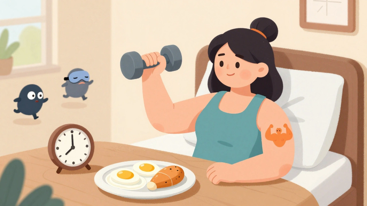 A woman strength training with protein-rich meals and restful sleep symbols around her in a cozy home setting.