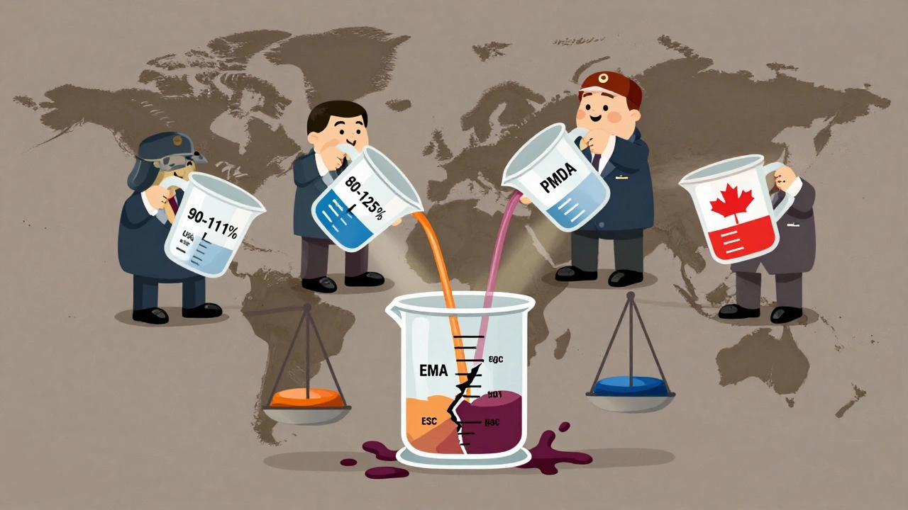 Cartoon regulators from four countries pouring different bioequivalence standards into a cracked beaker.