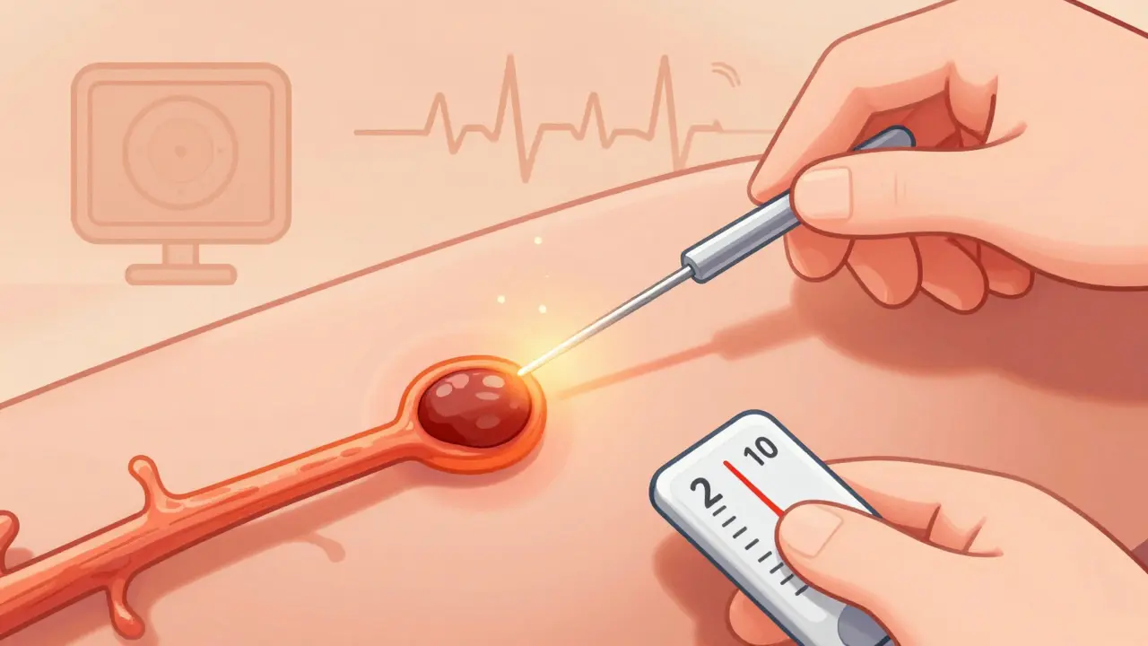 Close-up of a heated nerve during RFA procedure with subtle lesion formation and fading pain signals.