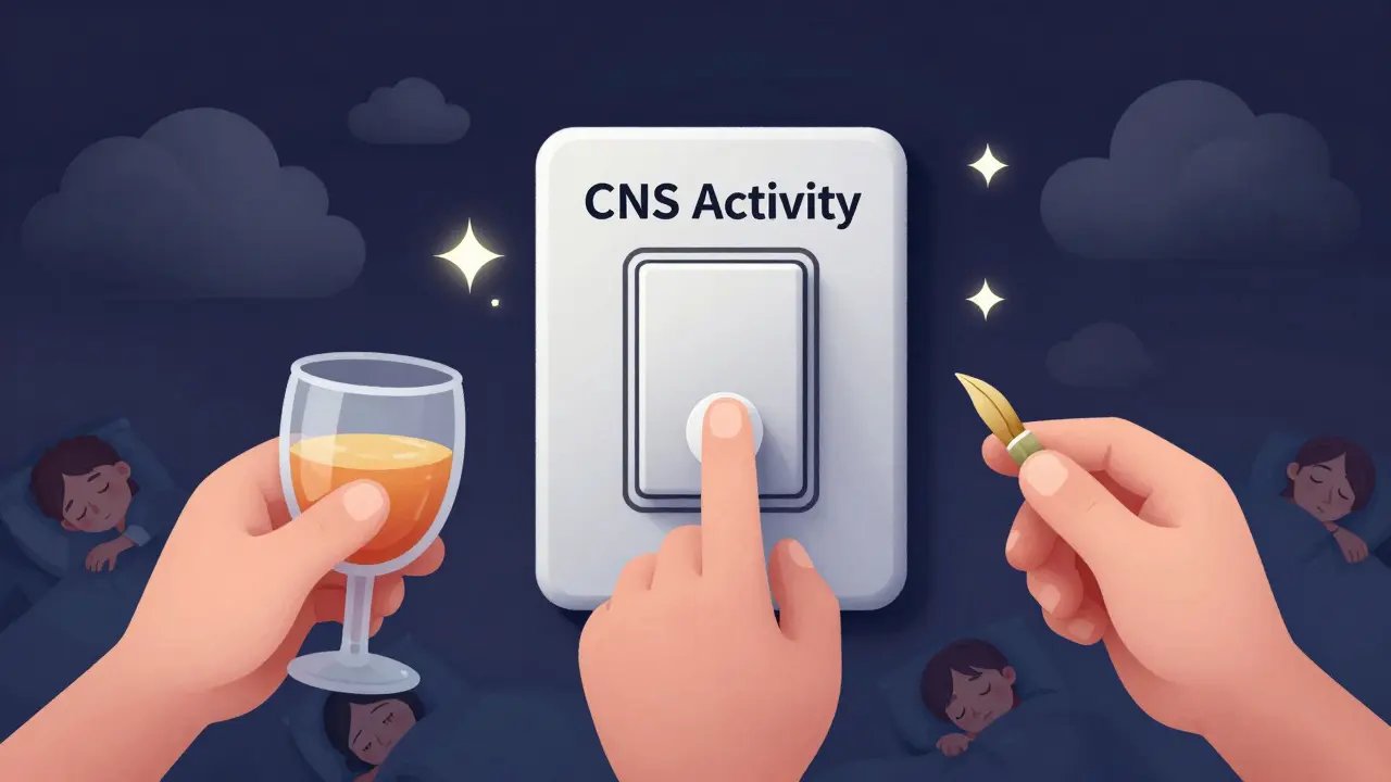 Dimmer switch being turned too low by alcohol, sleep pill, and valerian, with dark clouds above.